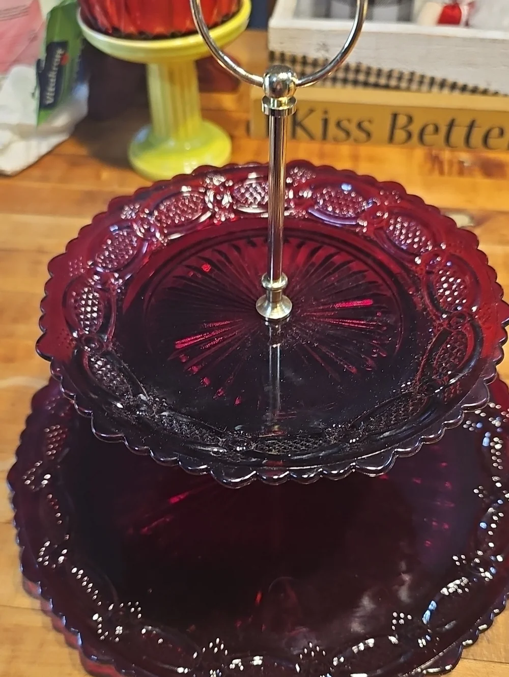 Two-Tier Ruby Red  Dessert Stand Avon Cape Cod 1876 Collection